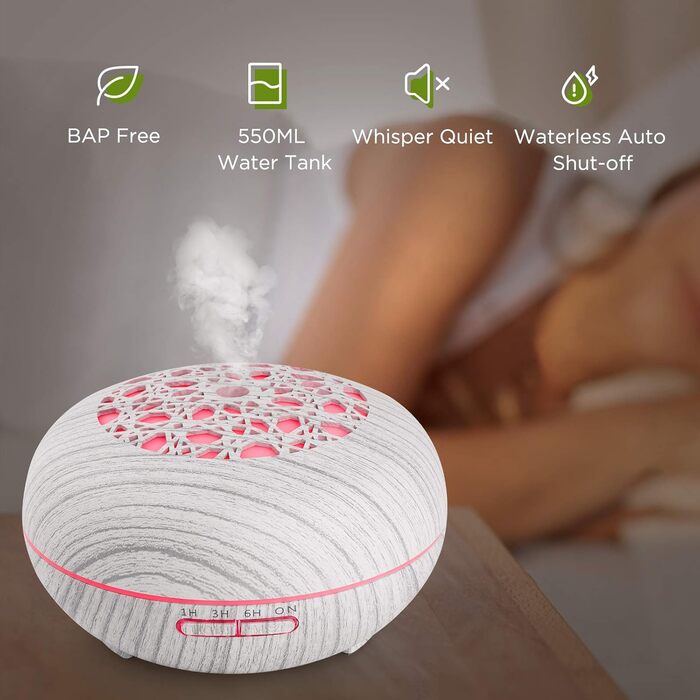 Аромадифузор WD&CD 550 мл з пультом керування, ультразвуковий зволожувач повітря, дифузор для ефірних олій, 7 кольорів LED, автоматичне відключення, білий