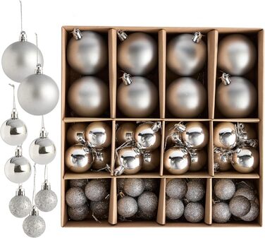 50 кульок для ялинки Twiddlers срібного кольору - різні розміри та покриття (6см, 4см, 3см) - матові, блискучі, з глітером. Декор для ялинки, 50 шт.