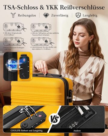 Набір валіз COOLIFE для ручної поклажі (55x35x20cm + 40x25x20cm) з TSA замком, 4 колеса, ABS, жовто-чорний колір
