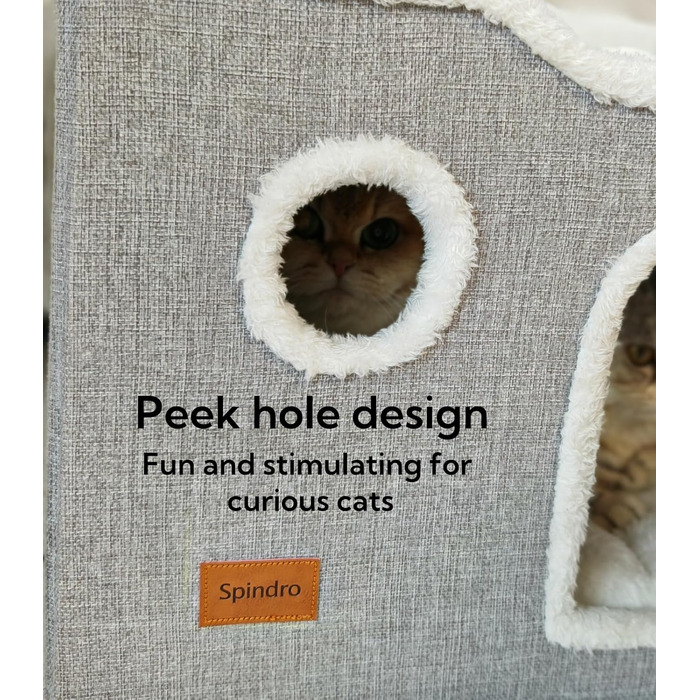 Spindro Cat Cave Cat Bed Large, Cat House Indoor Cat Sleeping Place with Removable Sherpa Cat Cushion and Hanging Toy, Cat Bed, Light Grey 42x42x33cm