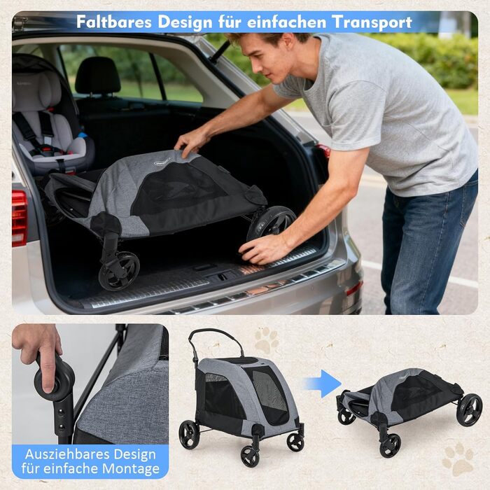GOPLUS Складаний візок для собак, переносний для домашніх тварин на 4 колесах з кишенькою, сітковими віконцями та регульованою ручкою, візок для собак, розкладний, 60 кг, 67 x 98 x 88 см