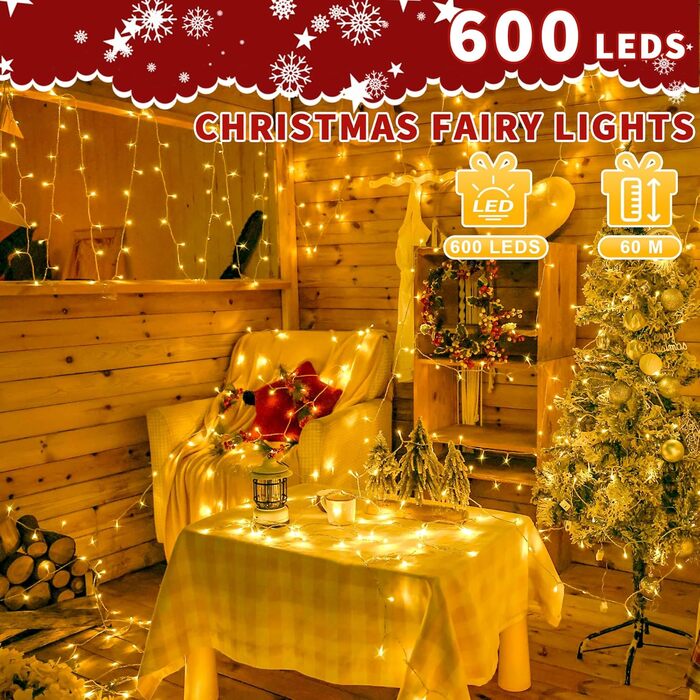 Гірлянда світлодіодна 60м, 600 LED, для декорування приміщень та вулиці, 8 режимів, таймер, IP44, тепле світло, для ялинки, балкона, вікна, саду, вечірки