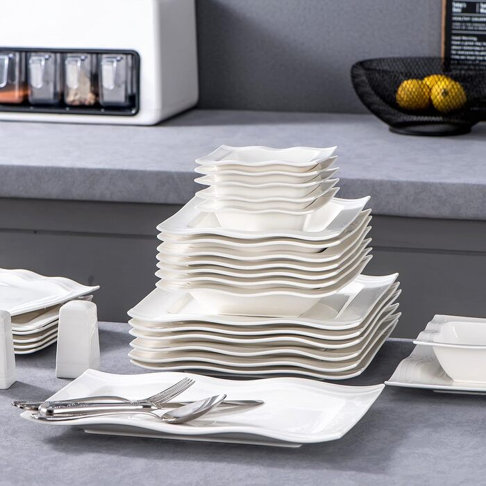 MALACASA, Mario Series, 28-piece porcelain dinnerware set consisting of 6 bowls, 6 dessert plates, 6 soup plates, 6 dinner plates, 2 rectangular platters, and 2 salt and pepper shakers.