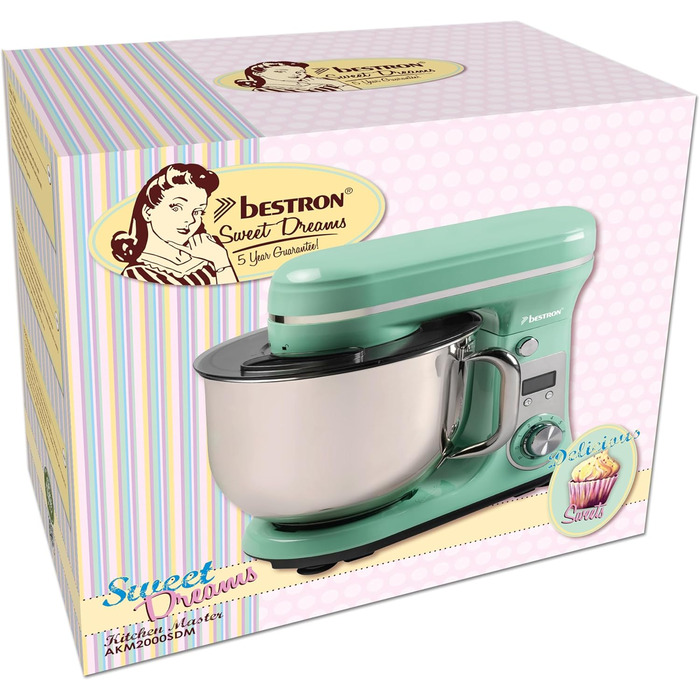 Кухонна машина Bestron Super Silent (65db) 4-в-1 з DC-двигуном, 6 л чаша, гак для тіста, вінчик, лопатка, 6 швидкостей + Pulse, м'ятний колір