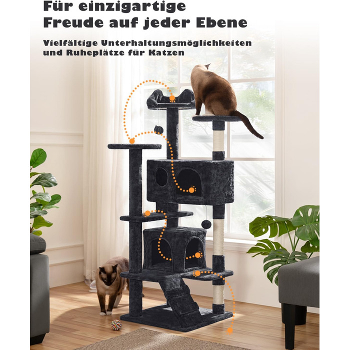 Кігтеточка-кольоротка Yaheetech 139 см, стабільна з 3 платформами, 3 стовпчиками, 2 печерами, плюшеві кульки, чорний колір