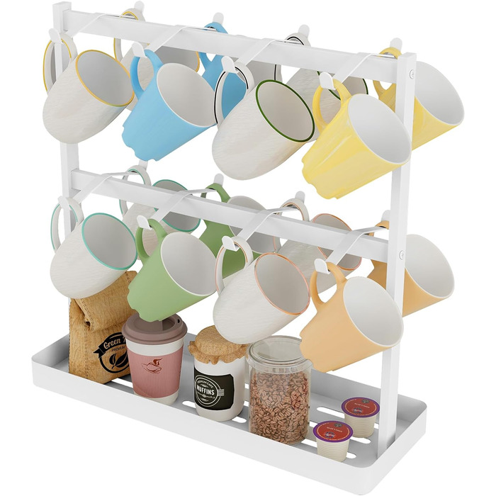 YUMORE Mug Rack with 16 Hooks, Mug Stand, Metal Coffee Cup Holder with Storage Bottom, Coffee Cup Holder, Cup Rack for Kitchen, Dining Room, Cafe Counter, 42 * 15 * 41.5cm (White)