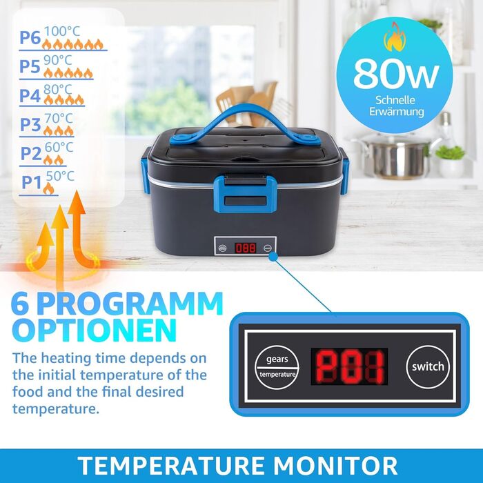 Електрична ланч-бокс Kimfead з індикатором температури, 1.8L, 80W, 12V/24V/230V, з сумкою та столовим прибором, для авто/вантажівки/офісу (синій індикатор температури)