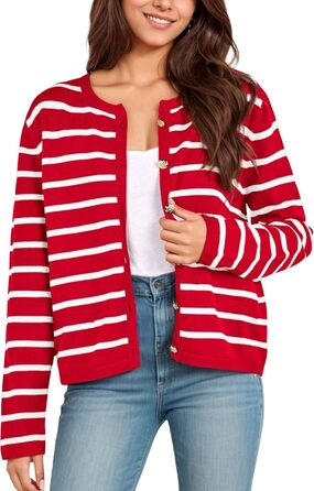 Жакет жіночий короткий з 2 кишенями на ґудзиках, смугастий пуловер, стильний осінній кардиган з круглим вирізом, модний в'язаний пуловер (S, Червоний)