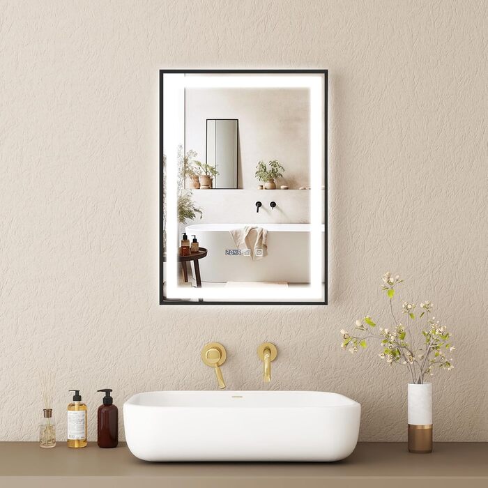 Дзеркало YOURLITE з підсвічуванням 70x50 см, LED дзеркало для ванної кімнати з годинником, сенсорне керування, 3 кольори світла, регулювання яскравості, антизапар, пам'ять, срібний (чорний-5070)