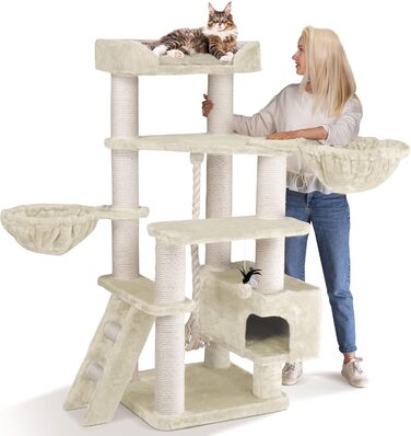 HAPPYPET Драбина для котів Якоб XXL - велика, стабільна, з сизалевими стовпами, товста платформа, для великих порід (кремовий)
