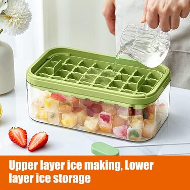 AHOUGER 2023 Ice Cube Tray with Lid & 64 Ice Cube Molds - One-Click Food-Grade Ice Cube Mold for Instant Release of All Ice Cubes (BPA-Free), Green