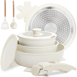 Набір посуду Numola 10 предметів: каструлі та сковорідки з антипригарним покриттям, знімні ручки, керамічний набір посуду для індукційних плит, кемпінгу, сумісний з посудомийною машиною