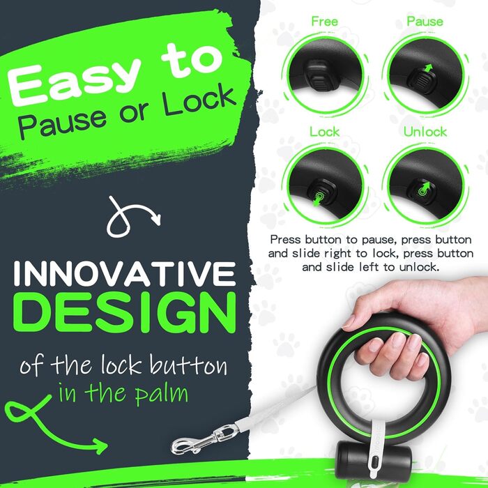 Висувна собача шлейка Hände Frei, 360° без перекручування, з тримачем для пакетів, 3м, для середніх та маленьких собак (Чорний/Зелений)