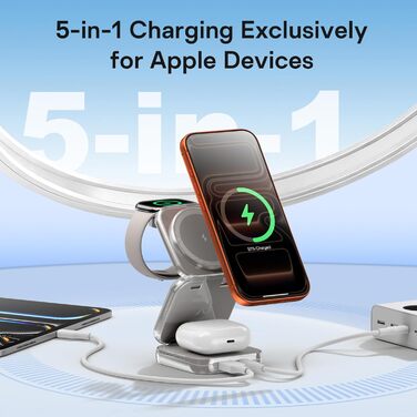 Зарядна станція 5 в 1 для iPhone з магнітним кабелем, складний зарядний пристрій для подорожей, сумісний з iPhone 17/16/15/14/13/12, AirPods Pro 3, Apple Watch S11/Ultra (Titan Wüstensand) 2026-Titan Grau