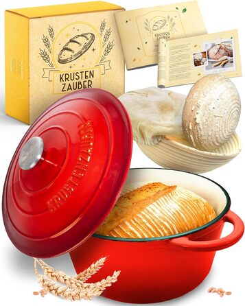 KRUSTENZAUBER Cast Iron Pot [incl. Proofing Basket] - High-Quality Enamel Pot 26cm - Ideal Cast Iron Bread Pot for Baking, Cast Iron Pot for Baking Bread, Bread Baking Accessories Enamel Red