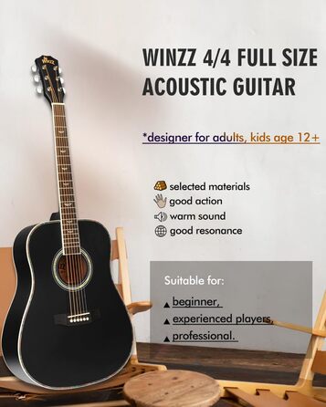 Акустична гітара Winzz 4/4, для початківців, з аксесуарами, 41 дюйм