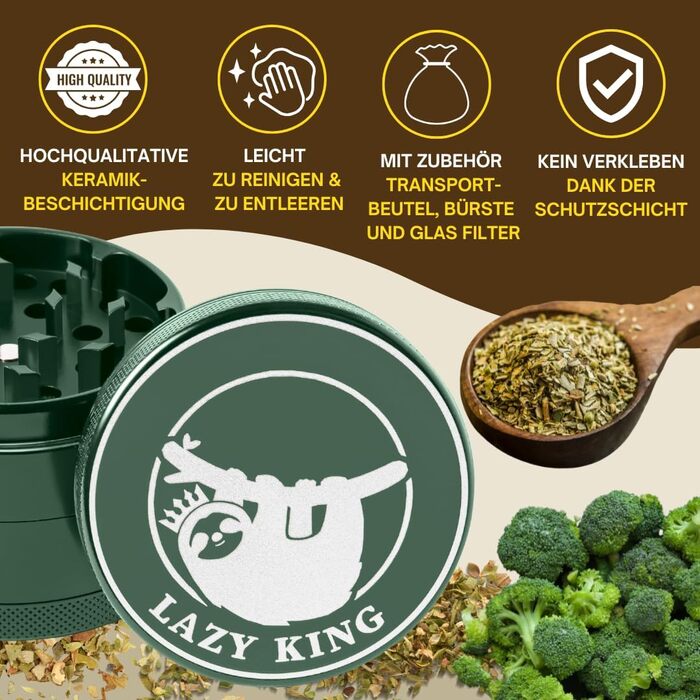 Преміум керамічна млинка LAZY KING 63 мм, 4-частини, набір з щіткою, скляним фільтром, чохлом, скребком для пилку, трав'яна млинка з нано-керамічним покриттям, зелена