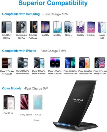 Бездротовий зарядний пристрій NANAMI 30W USB-C з індукційним підсвічуванням, 2-в-1, для iPhone 17/16/15/14/13/12/11/XS Max/X/XR/8 Plus, Samsung Galaxy S25/S24/S23, чорний