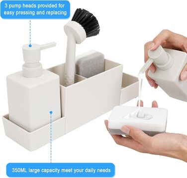 CAUTIOUS 350ML Sink Organizer with Brush, Soap Dispenser Sponge Kitchen Dish Soap Dispenser Set Made of Plastic, Sink Organizer with Two Soap Dispensers, Kitchen Gadget Organizer (white)