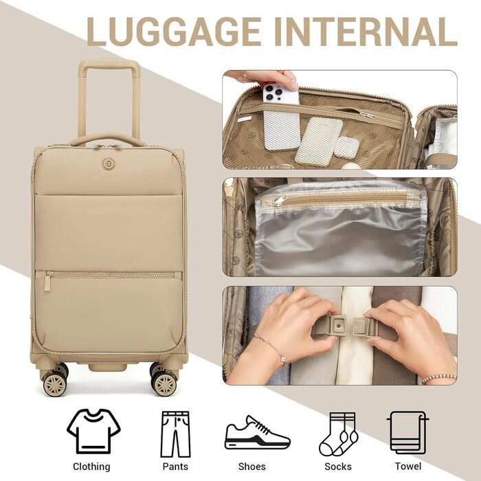 Чемодан Miss Lulu ручної об'єм, 59.5 x 36.5 x 25 см, зелений, з відділенням для мокрого/сухого, на 4 колесах, для коротких поїздок та ділових подорожей