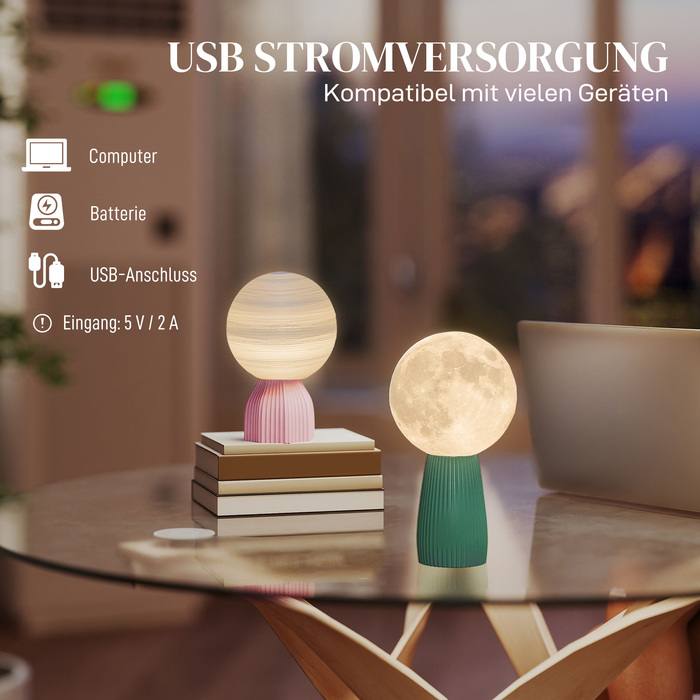 Набір настільних ламп HOMCOM з дизайном у вигляді планет, 3 кольори, USB, пластик, білий