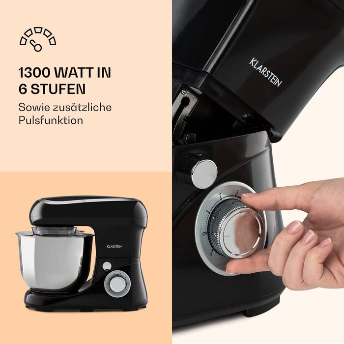 Klarstein 1300W Stand Mixer - Kitchen Machine for Baking, 6-Speed, 5L Bowl, Planetary Mixer with Dough Hook, Whisk & Beater - Black