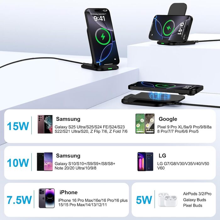 Бездротова зарядка 15W для Samsung Galaxy та iPhone: складний зарядний стан для швидкої зарядки
