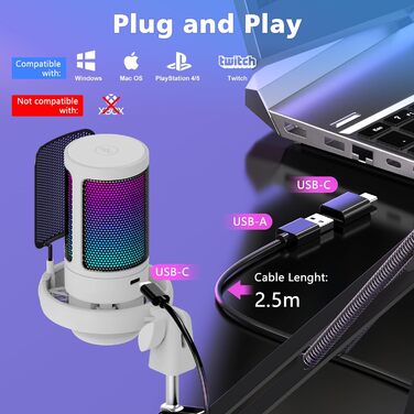 Мікрофон для ПК NJSJ Gaming з тримачем, USB для MAC PS4 PS5, з кнопкою вимкнення звуку, навушниками, поп-фільтром, конденсаторний кардіоїдний для подкастів та стрімінгу (білий)