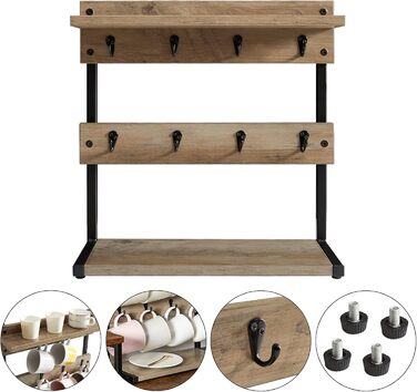 Vintage Mug Holder with 8 Hooks, Coffee Cup Holder for Kitchen Countertop, Cup Rack with Storage Bottom, for Kitchen Dining Room Cafe 40 x 15 x 40 cm, TBJ002H (with Shelf, Greige)