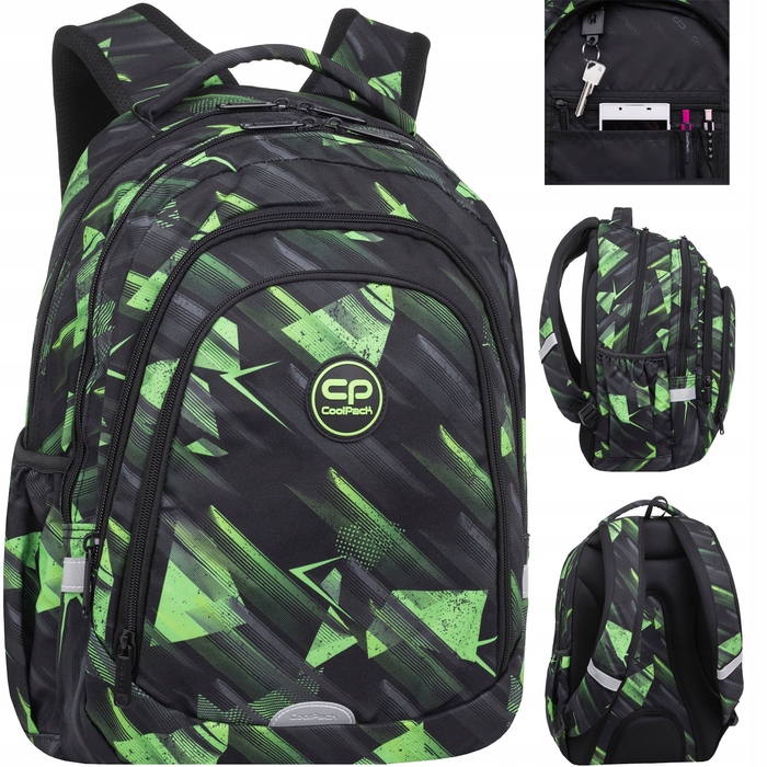 Багатовідсіковий шкільний рюкзак CoolPack, чорний з зеленим, 28 л