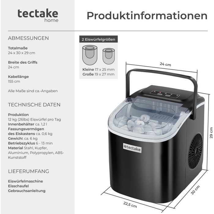 Машина для приготування льоду tectake® - швидке та зручне приготування льоду для дому та бару, чорний колір, 1,2 л, 12 кг/24 год, 2 розміри кубиків льоду, самоочищення, з лопаткою