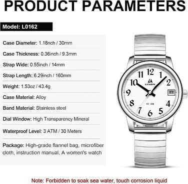 Жіночий годинник LN LENQIN: Водонепроникні годинники для жінок з нержавіючої сталі, кварцовий механізм, аналоговий дисплей, регульований ремінець, сріблястий колір, білий циферблат