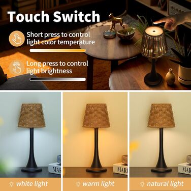 Зовнішня LED-лампа Mr. White з акумулятором, вологостійка, бездротова, торшероподібна, з регулюванням яскравості для ресторану, кухні, патіо, їдальні (золотиста) (чорна + ротанговий абажур)