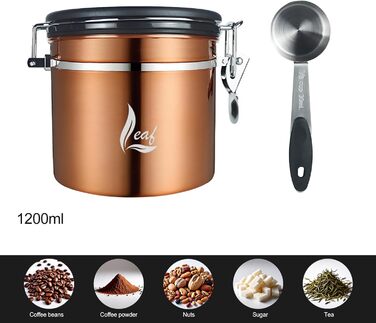 Контейнер для кави з нержавіючої сталі 1000 мл – герметичний дизайн з мідним покриттям, клапан CO₂, індикатор дати та мірна ложка – для кавових зерен та меленої кави