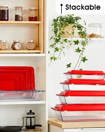 Set of 4 Glass Casserole Dishes with Lids, 1+1.7+2.8+4.2L - Lasagna Dish for Oven (NOT THE LID), Rectangular, Glass Storage Containers with Plastic Lid Rectangular with Lid - 1+1.7+2.8+4.2L