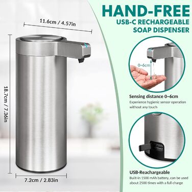 Mamiddle Automatic Soap Dispenser Stainless Steel with Sensor Infrared Soap Dispenser Electric IPX5 Waterproof USB-C Charging with Sensor Infrared Motion Sensor for Kitchen & Bathroom (Brushed Silver)