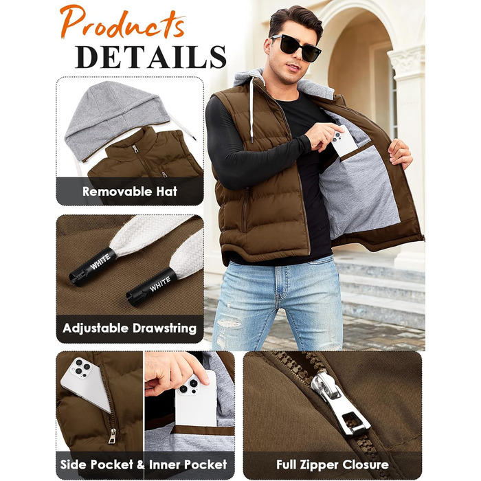 Чоловіча степкова жилетка Vancavoo з капюшоном, тепла зимова жилетка для активного відпочинку, спортивна жилетка, перехідна куртка, колір кава, розмір S