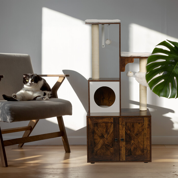 Relaxdays Cat Tree with Litter Box Cabinet, 128 cm
