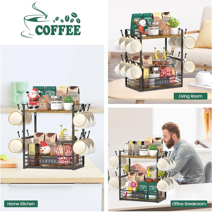 EsLuker.ly 2-Tier Mug Rack Stand for Countertop, 12 Hook Mug Shelf Wall with Storage Basket, Metal Wood Mug Stand Mug Organizer for Coffee Bar Kitchen, Vintage Brown-Black