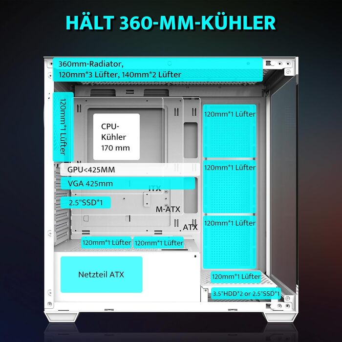 darkFlash DS900: Корпус для ПК ATX Mid-Tower з 4 PWM ARGB-вентиляторами, подвійна скляна панель, підтримка радіаторів водяного охолодження 360mm, USB Type-C, чорний
