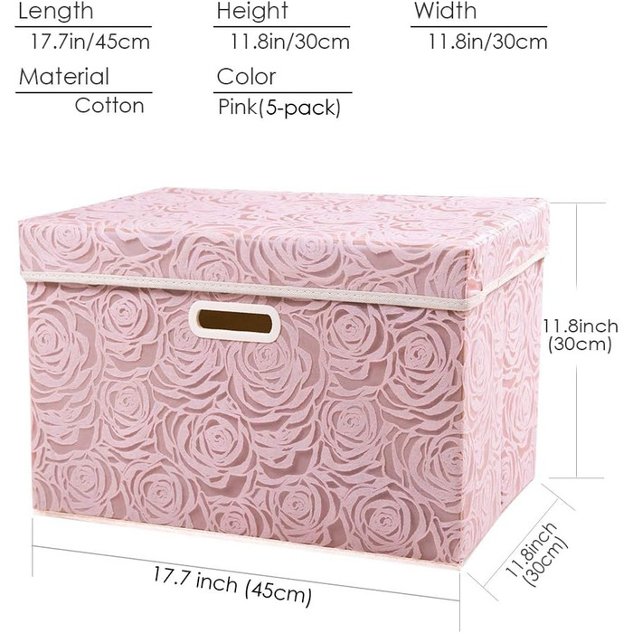 PRANDOM Large Foldable Storage Boxes with Lid [5-Pack] Fabric Decorative Storage Containers Cubes Organizer Baskets with Lid Handles for Bedroom Closet 43 x 30 x 30 cm