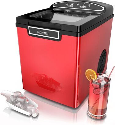 Stainless steel ice maker, ice cube maker, ice maker machine 1.8 Liter ice cube maker, ice cream machine with cooling, ice cube sizes small and large, status LEDs ABS BPA free, silver stainless steel (D: Red)