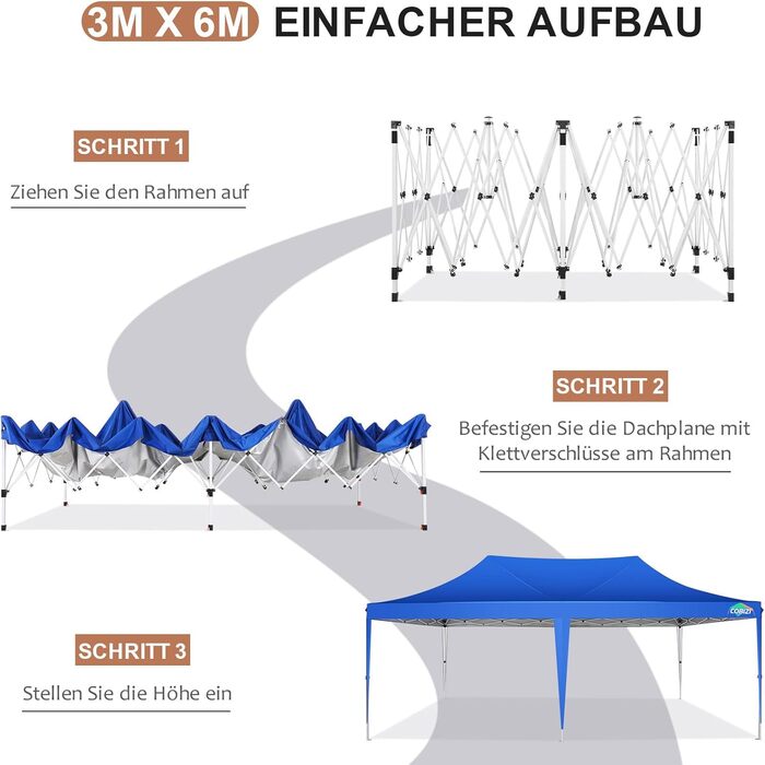 COBIZI Pavilion 3x3 Waterproof Stable Winterproof Party Tent 3x3 with 4 Side Walls Pop Up Folding Pavilion UV Protection 50+ Garden Pavilion With Handbag, 8X Pegs and 4X Wind Rope, (Light Blue, 3x6 m)