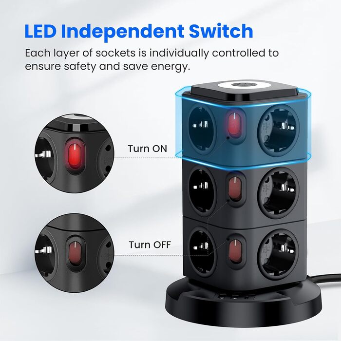 Багаторозеткова станція Acodot Tower з USB, 12 розеток, захист від перенапруги, 4 вимикачі, нічник, 3 USB-порти, кабель 3м, 2500W, для офісу, білий/чорний