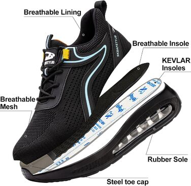 Черевики робочі чоловічі та жіночі S3 з металевим підноском, легкі, антиковзаючі, дихаючі, спортивні, чорно-сині, 42 EU