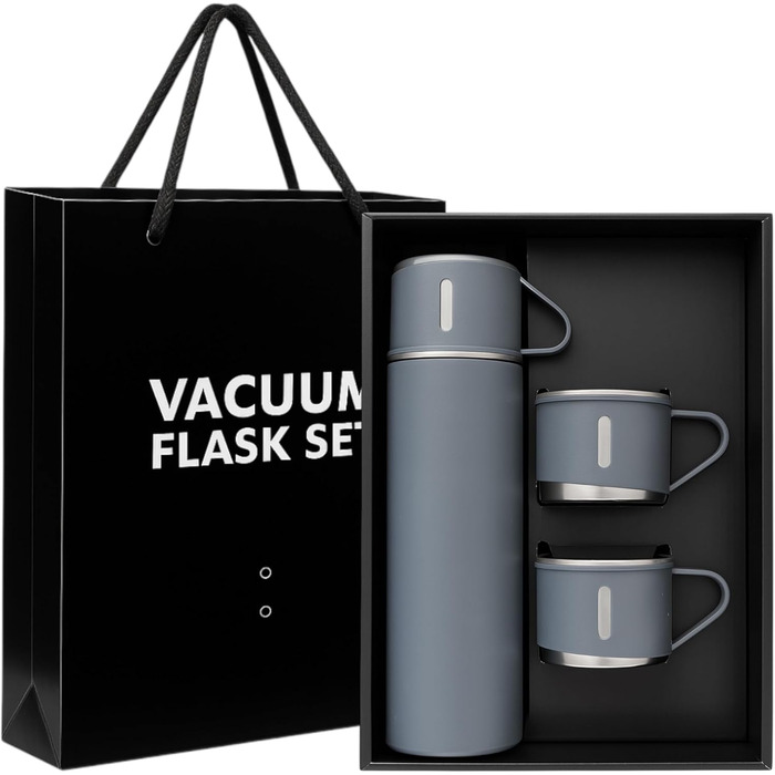 Термофляга 500 мл з нержавіючої сталі – 2 чашки з ручкою – не протікає, BPA-free – з щіткою для чищення – сірий колір