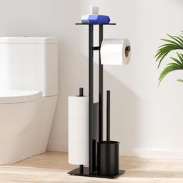 Stainless Steel Toilet Paper Holder with Brush - Standing Toilet Paper Roll Holder with Tray and Glass Shelf (Matte Black)