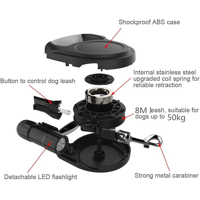 Висувна поводок для собак SCENEREAL – 7.8 м, з LED-ліхтариком та дозатором для відходів, до 50 кг, для середніх та великих собак