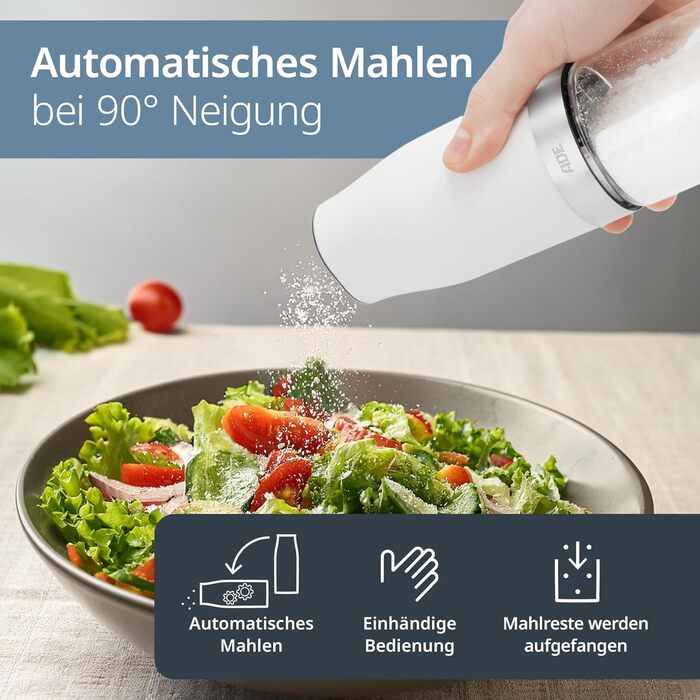 Electric salt mill with tilt sensor | Pepper mill with ceramic grinding mechanism | Spice mill | Infinitely adjustable | Salt, pepper, chili, dried herbs | Herb mill | With lighting | White
