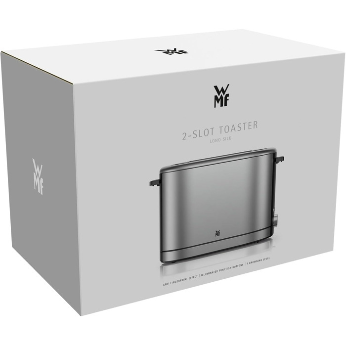 Тостер WMF Lono Silk з нержавіючої сталі, 2 слоти, XXL-насадка для бургерів, 7 рівнів підсмажування, LED-дисплей, широкі слоти, висувна кришка для крихт, анти-відбитки, 900 Вт